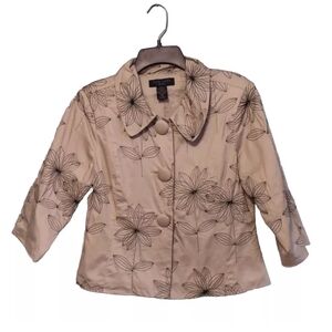 Silk Land Embroidered Cotton Blazer Topper Jacket Tan /Brown Sz PM 3/4 Sleeves